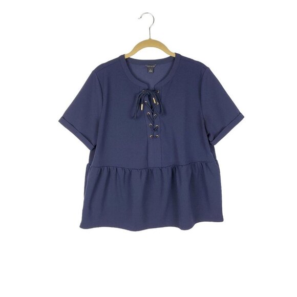 Ann Taylor Lace Up Peplum Top Navy Blue Short Sleeve Blouse Womens Size Medium - Picture 1 of 8